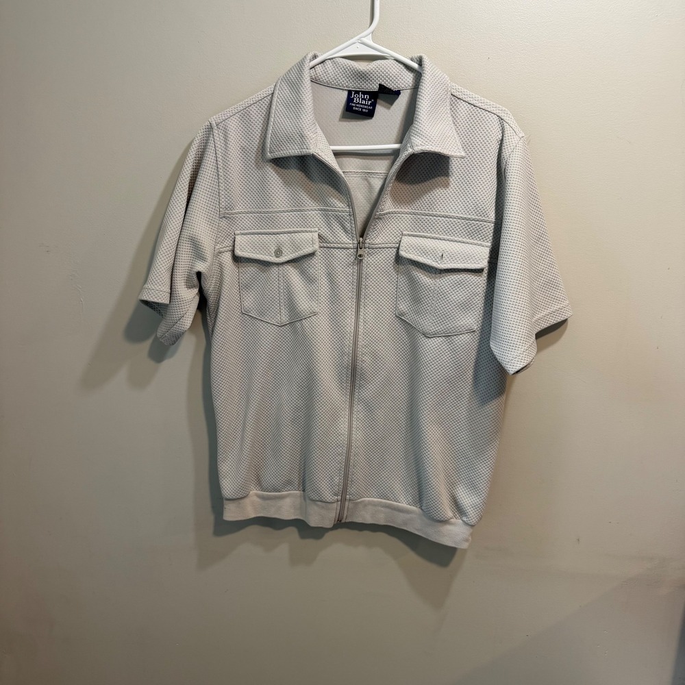 John Blair Mens Grey Textured Knit Full Zip Short Sleeve Shirt Medium 39532-06